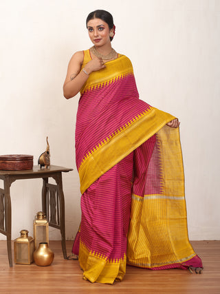 Striped Magenta Chhattisgarh Raw Silk Saree with Golden Yellow Border