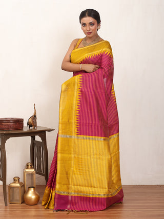 Striped Magenta Chhattisgarh Raw Silk Saree with Golden Yellow Border