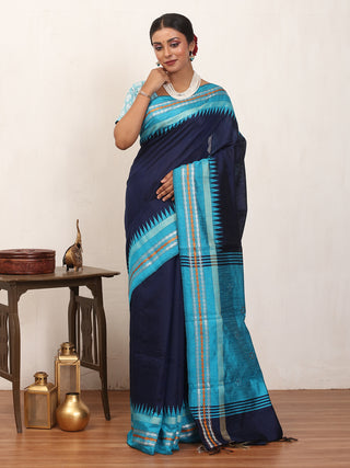 Navy Blue Chhattisgarh Raw Silk Saree with Turquoise Blue Karvati Border