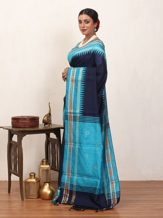 Navy Blue Chhattisgarh Raw Silk Saree with Turquoise Blue Karvati Border