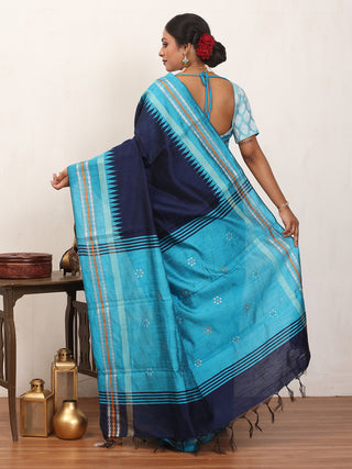 Navy Blue Chhattisgarh Raw Silk Saree with Turquoise Blue Karvati Border