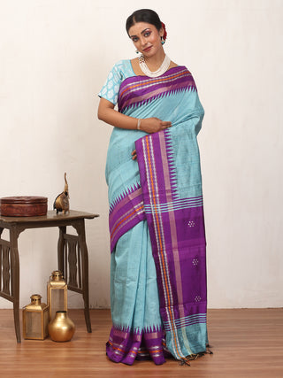 Sky Blue Chhattisgarh Raw Silk Saree with Purple Karvati Border