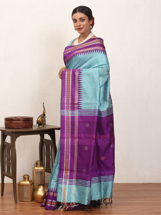 Sky Blue Chhattisgarh Raw Silk Saree with Purple Karvati Border