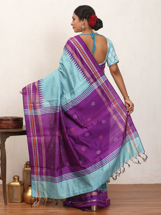 Sky Blue Chhattisgarh Raw Silk Saree with Purple Karvati Border