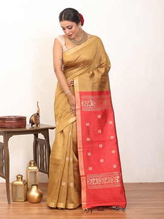 Light Brown Chhattisgarh Semi Raw Silk Saree with Golden Border