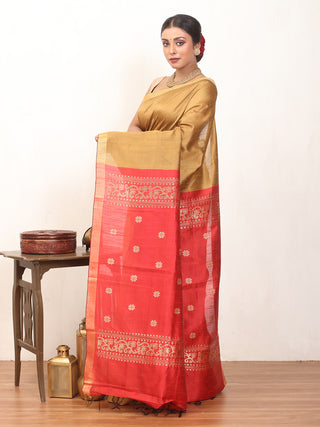 Light Brown Chhattisgarh Semi Raw Silk Saree with Golden Border