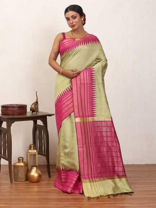 Pista Green Chhattisgarh Raw Silk Saree with Magenta Border
