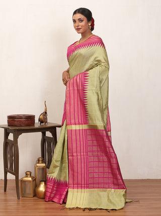 Pista Green Chhattisgarh Raw Silk Saree with Magenta Border