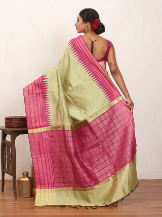 Pista Green Chhattisgarh Raw Silk Saree with Magenta Border