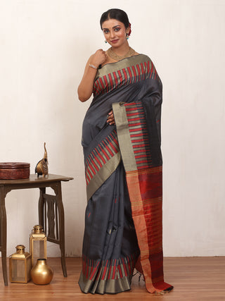 Grey Chhattisgarh Semi Raw Silk Saree with Red and Golden Accents