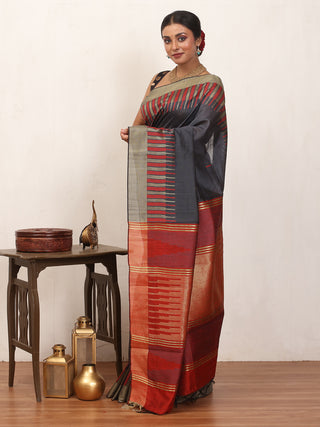 Grey Chhattisgarh Semi Raw Silk Saree with Red and Golden Accents
