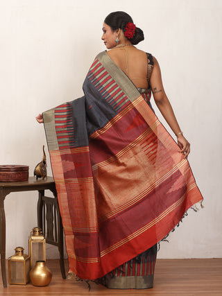 Grey Chhattisgarh Semi Raw Silk Saree with Red and Golden Accents