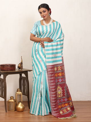 White and Aqua Blue Striped Chhattisgarh Dolabedi Raw Silk Saree