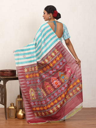 White and Aqua Blue Striped Chhattisgarh Dolabedi Raw Silk Saree