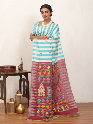 White and Aqua Blue Striped Chhattisgarh Dolabedi Raw Silk Saree
