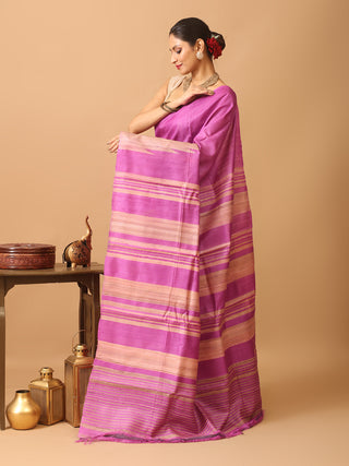 Purple Handloom Pure Kosa Silk Saree with Woven Temples