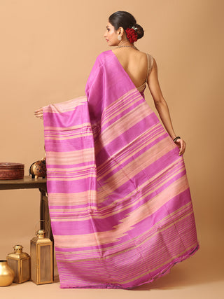 Purple Handloom Pure Kosa Silk Saree with Woven Temples