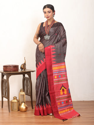 Black and Red Chhattisgarh Pure Kosa Silk Saree with Dolabedi Pallu