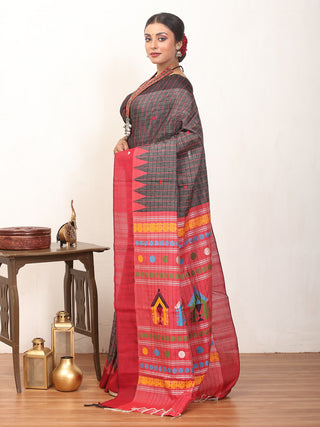 Black and Red Chhattisgarh Pure Kosa Silk Saree with Dolabedi Pallu