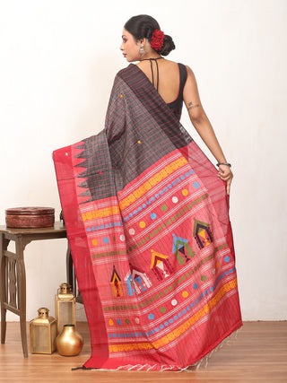 Black and Red Chhattisgarh Pure Kosa Silk Saree with Dolabedi Pallu