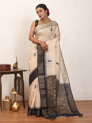 Beige Chhattisgarh Pure Kosa Silk Saree with Warli-Inspired Motifs