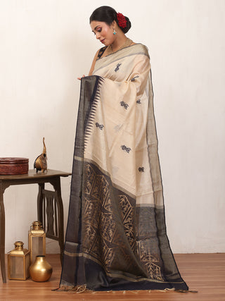 Beige Chhattisgarh Pure Kosa Silk Saree with Warli-Inspired Motifs