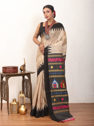 Beige and Black Chhattisgarh Pure Kosa Silk Saree with Dolabedi Pallu