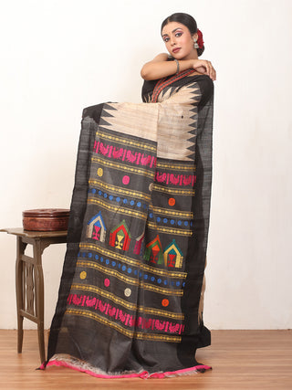 Beige and Black Chhattisgarh Pure Kosa Silk Saree with Dolabedi Pallu