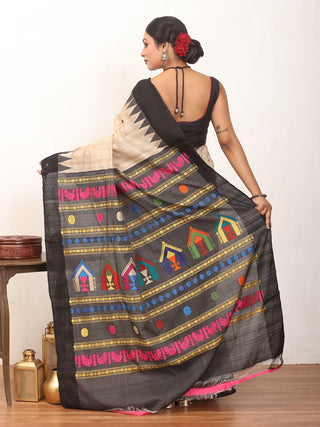 Beige and Black Chhattisgarh Pure Kosa Silk Saree with Dolabedi Pallu
