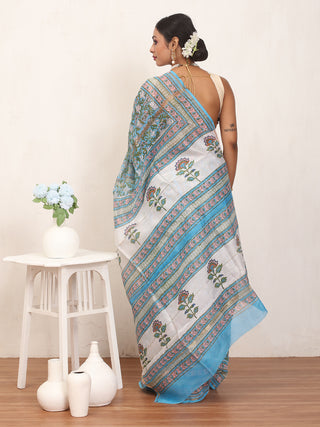 Sky Blue Chanderi Silk Saree With Sanganeri Print