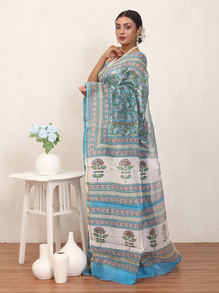 Sky Blue Chanderi Silk Saree With Sanganeri Print