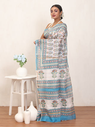 White Chanderi Silk Saree And Blouse With Sanganeri Print