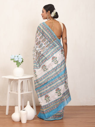 White Chanderi Silk Saree And Blouse With Sanganeri Print