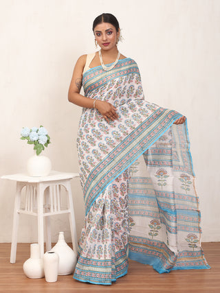 White Chanderi Silk Saree And Blouse With Sanganeri Print