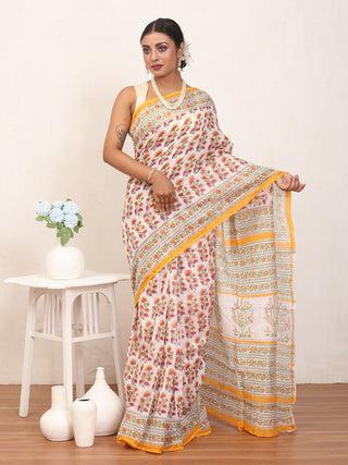 White Chanderi Silk Saree And Blouse With Sanganeri Print