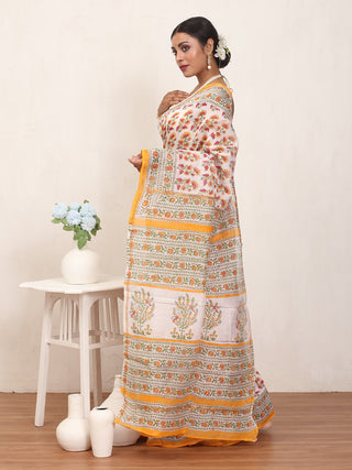 White Chanderi Silk Saree And Blouse With Sanganeri Print