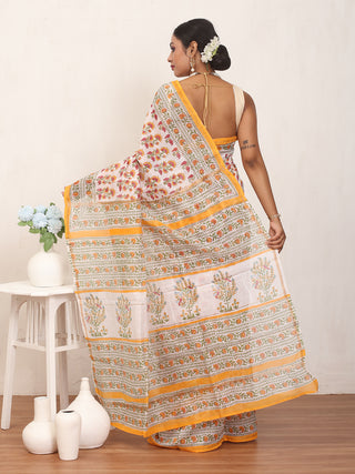 White Chanderi Silk Saree And Blouse With Sanganeri Print