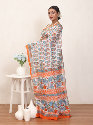 White Chanderi Silk Saree And Blouse With Sanganeri Print