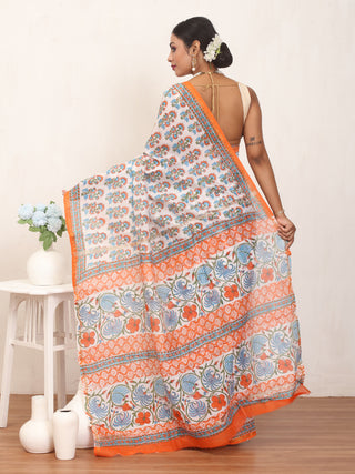 White Chanderi Silk Saree And Blouse With Sanganeri Print