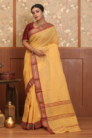 Sandal Colour Coimbatore Pure Cotton Saree With Checkered Body