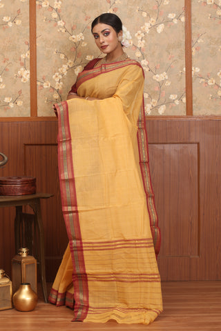 Sandal Colour Coimbatore Pure Cotton Saree With Checkered Body