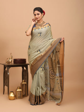 Bluish Grey Coimbatore Cotton Saree With Fabric Painting And Ready To Wear Blouse