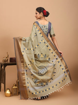 Bluish Grey Coimbatore Cotton Saree With Fabric Painting And Ready To Wear Blouse