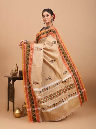 Sandal Colour Chettinad Cotton Saree With Fabric Painting