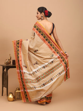 Sandal Colour Chettinad Cotton Saree With Fabric Painting