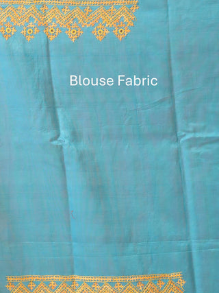 Turquoise Blue And Golden Yellow Silk Cotton Saree With Gujarati Hand Embroidery