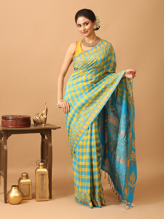 Turquoise Blue And Golden Yellow Silk Cotton Saree With Gujarati Hand Embroidery