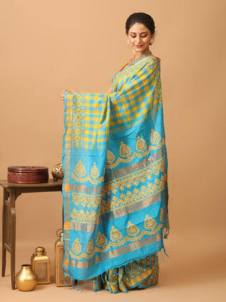 Turquoise Blue And Golden Yellow Silk Cotton Saree With Gujarati Hand Embroidery