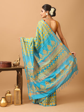 Turquoise Blue And Golden Yellow Silk Cotton Saree With Gujarati Hand Embroidery