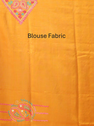 Fuchsia And Mustard Yellow Silk Cotton Sari With Gujarati Hand Embroidery